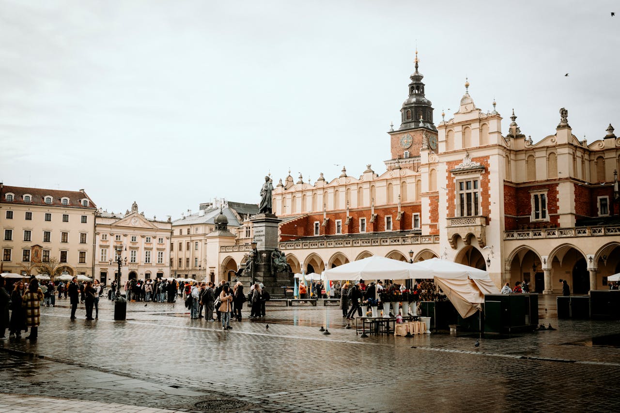 Krakow Poland main market square at sunset