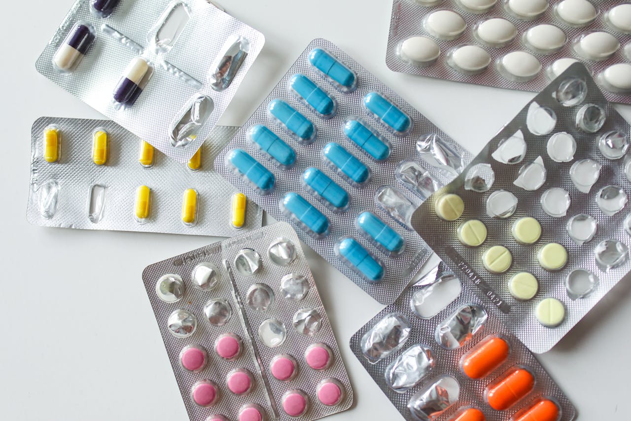 European pharmacy with medications on shelves