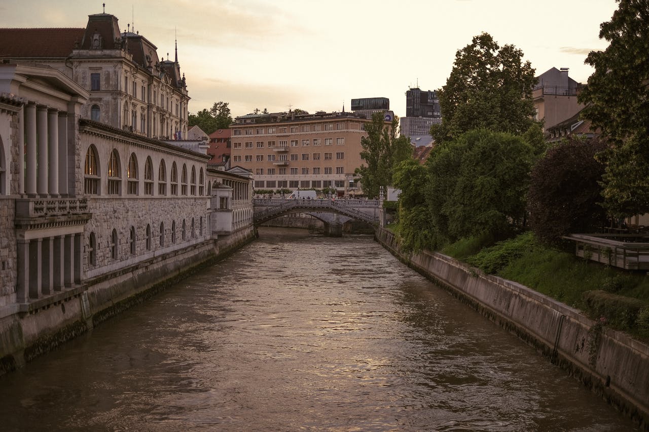 Ljubljana cityscape with river and bridges