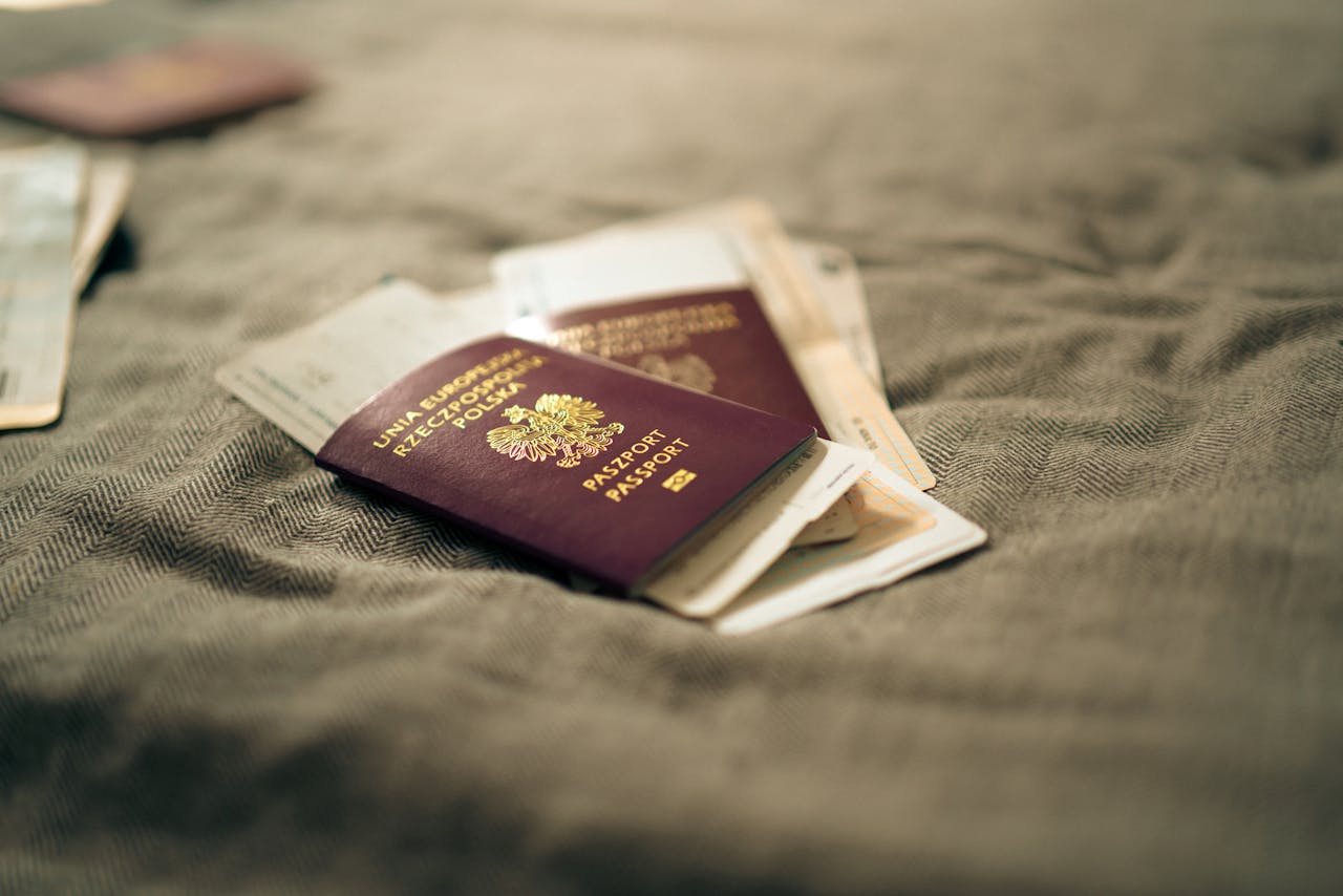Immigration office passport stamps and travel documents