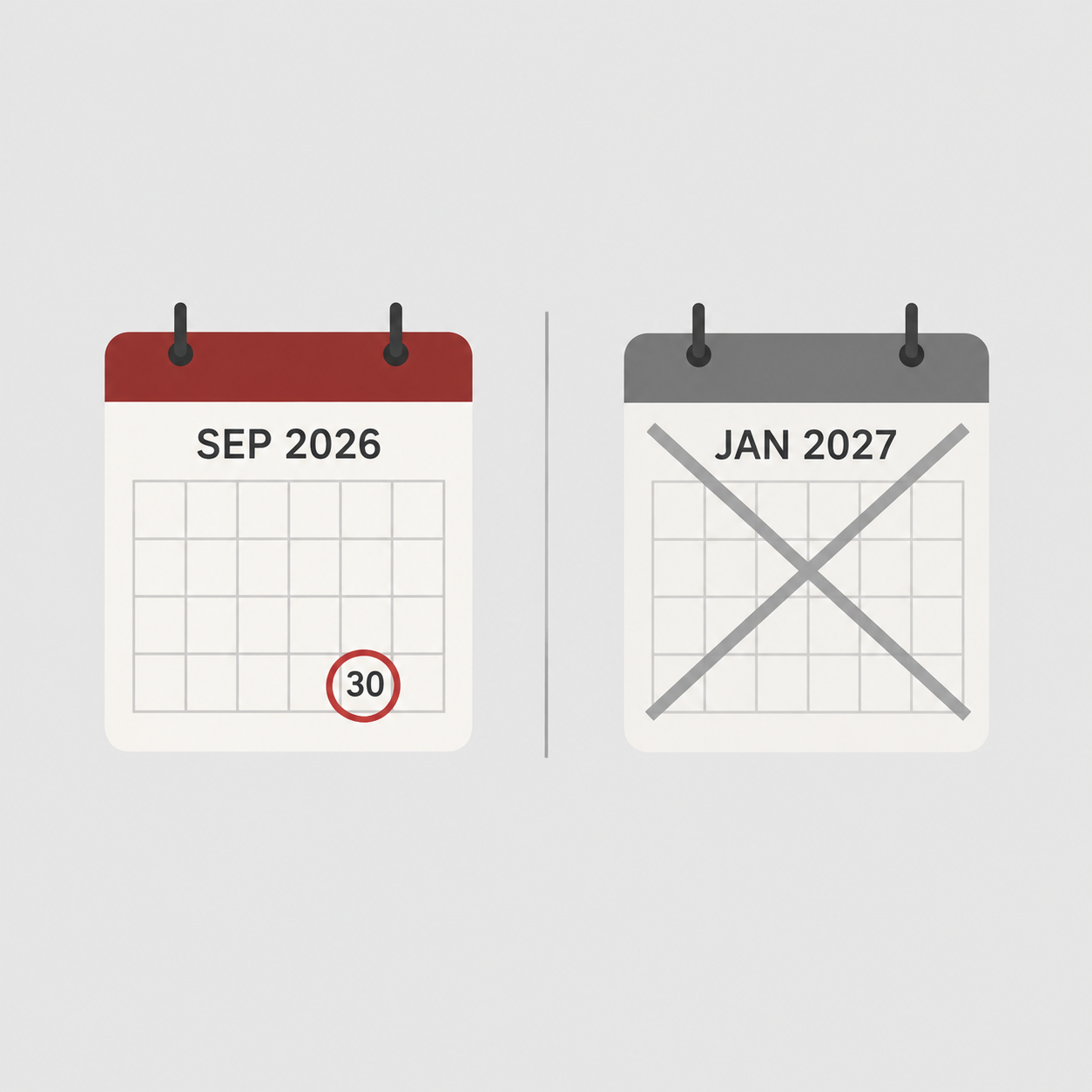 Two calendars: September 2026 with the 30th circled in red, and January 2027 crossed out