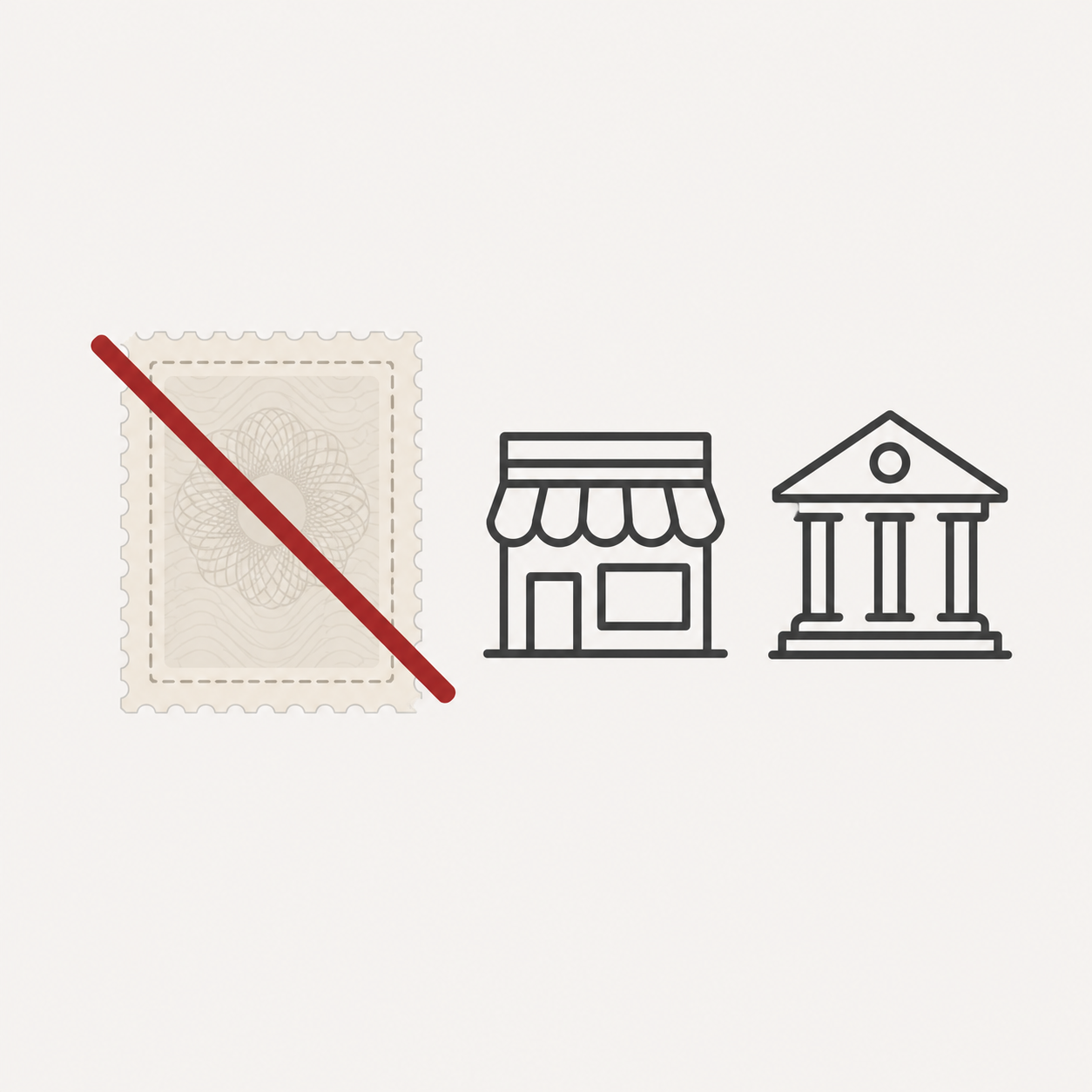 A revenue stamp struck through in red, beside a convenience store and a bank, the two ways online fees must now be paid