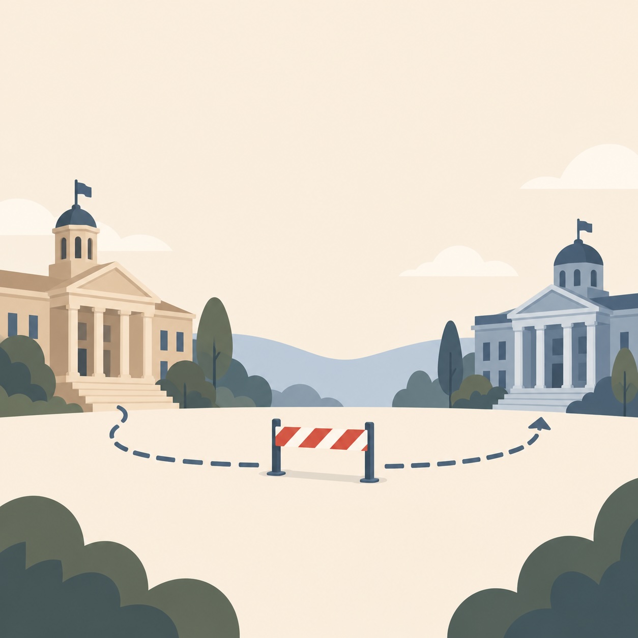 A courthouse and a government building, with a barrier across the path between them and a dashed line routing around it