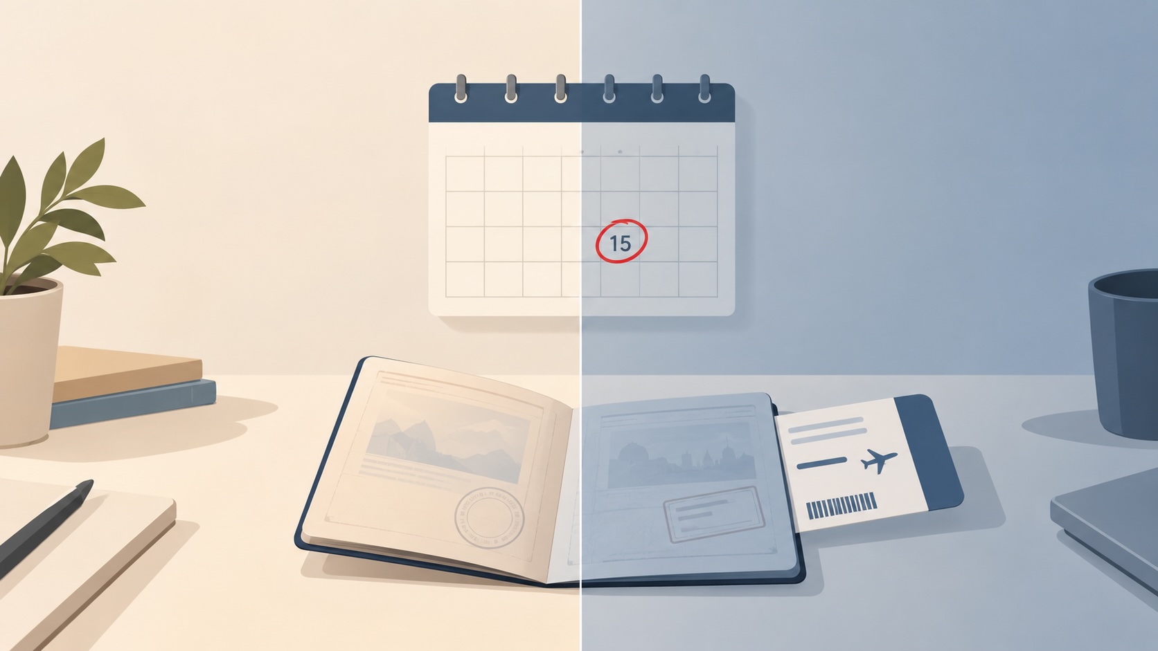 A passport with a boarding pass inside, beside a September calendar with the 15th circled, the image split between a warm and a cooler half