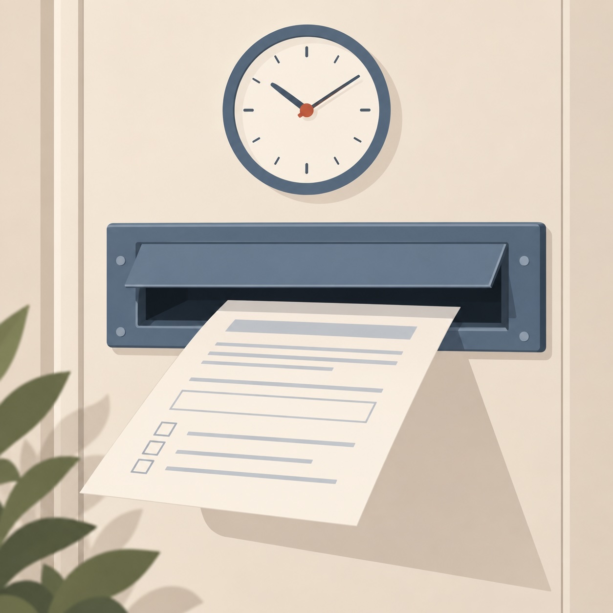 A form being posted through a mail slot beneath a wall clock