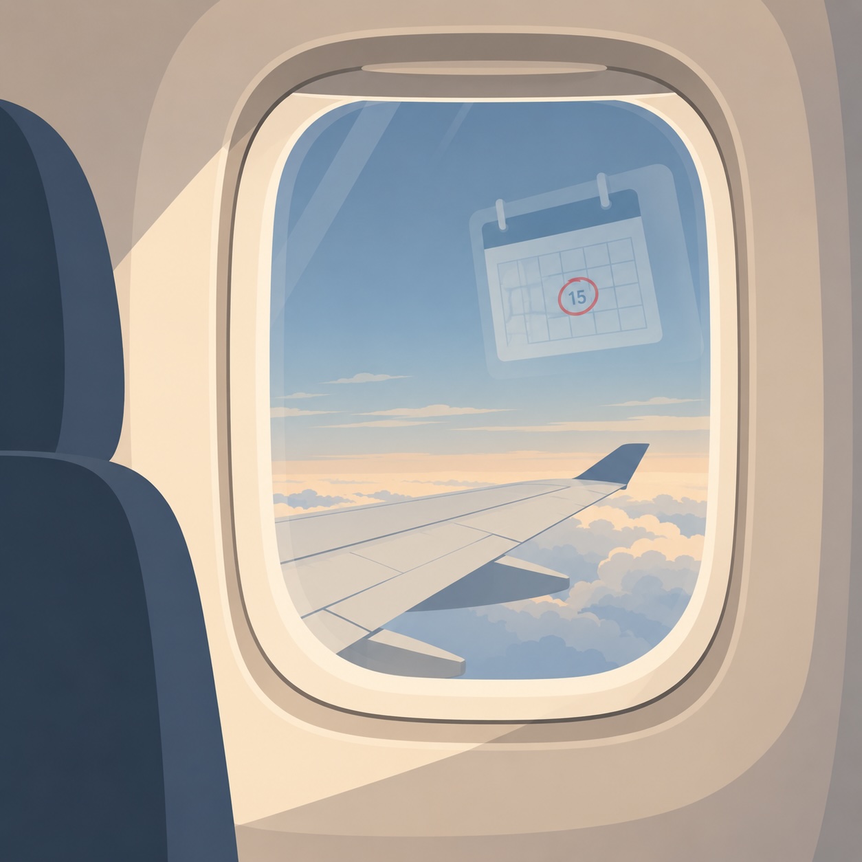 The view from an aircraft window, with a calendar showing the 15th circled faintly visible in the sky