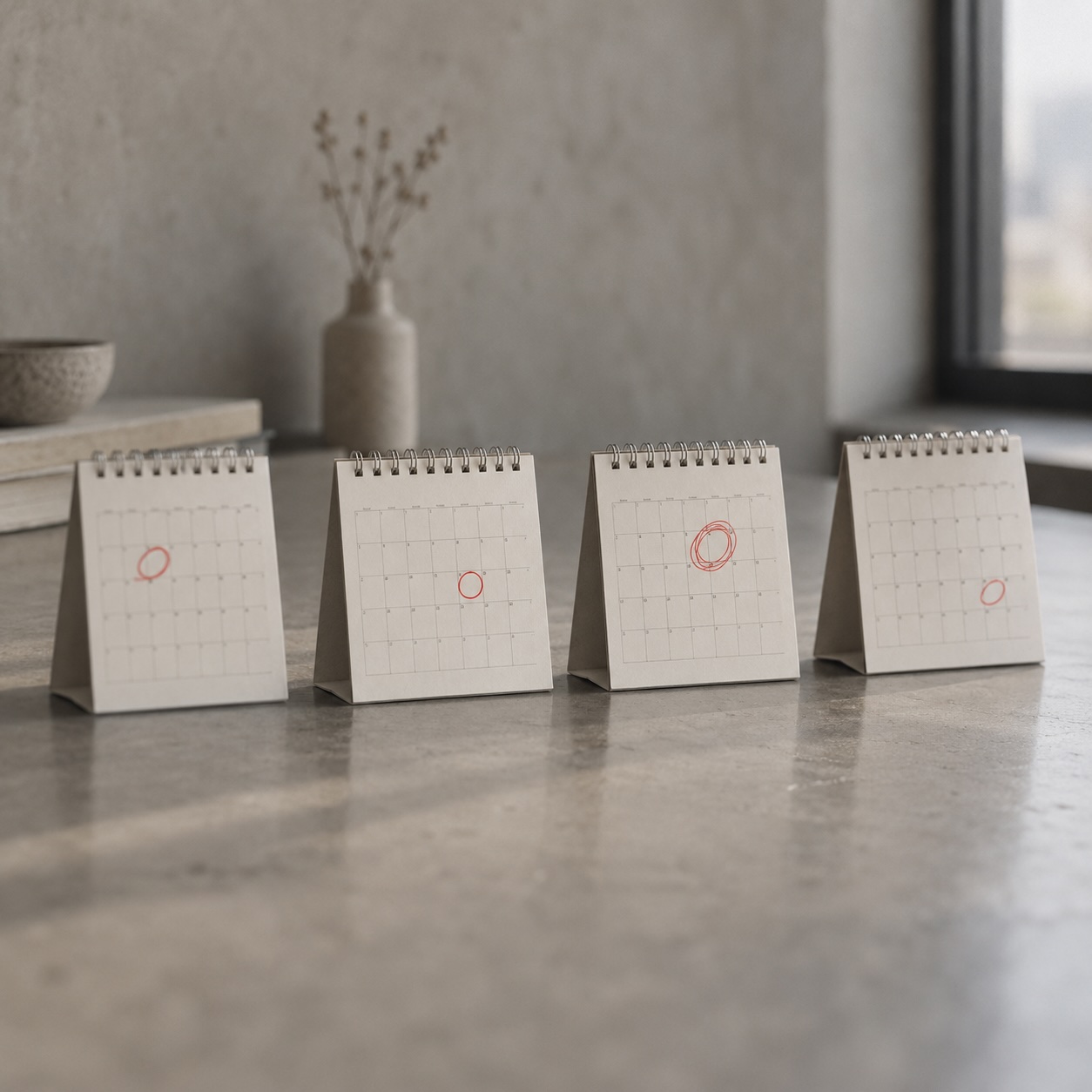 Four desk calendars side by side, each with a different date circled in red