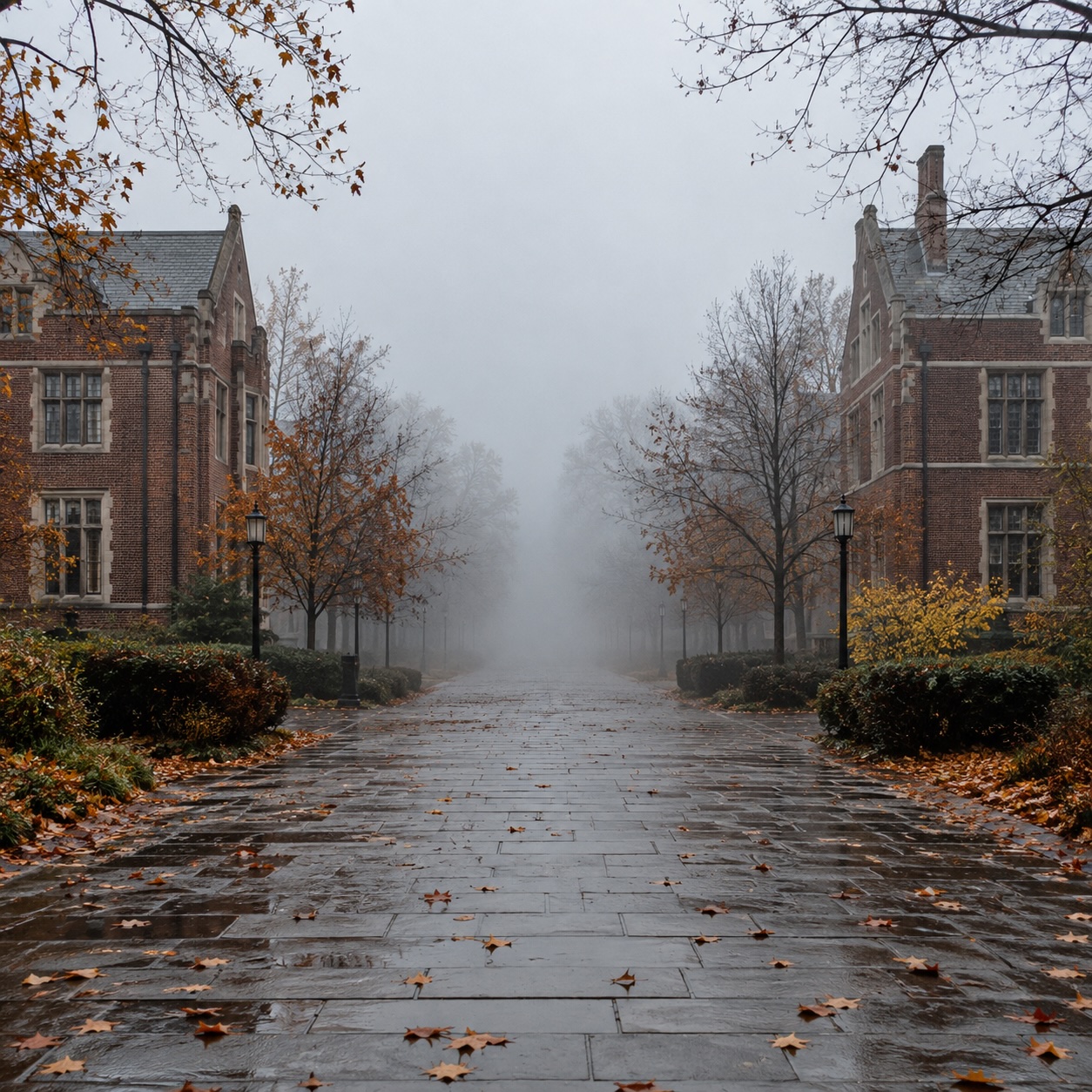 An empty university walkway in fog, autumn leaves on wet paving