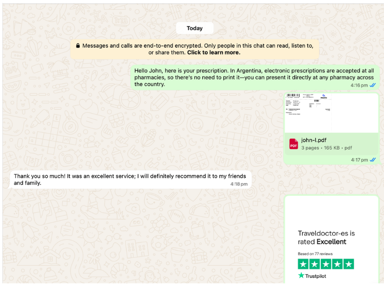 Real WhatsApp conversation showing a digital prescription delivered to a patient by TravelDoctor-es